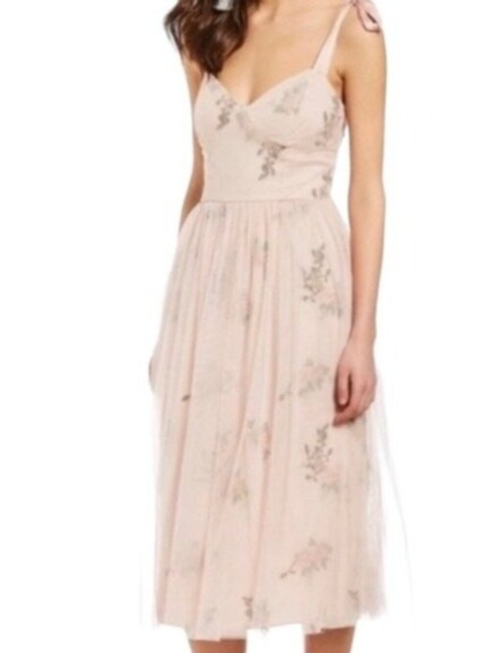 Chelsea & Violet Pink Floral Tulle Midi Dress With Tie Straps & Sweetheart Neckl